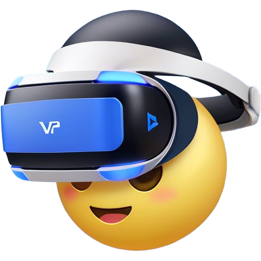 Clash of Clans aesthetic: Cinematic Playful PlayStation VR Headset Portrait Emoji, rendered in a 3D vector-style similar to standard emojis with minimal shading and bold, simplified shapes. A compact, distinct form with signature details, softly glowing with a cutting-edge console technology charm. Simplified yet unmistakably iconic, highly detailed and consistent, glowing with a soft radiance and high shine. Stylized with a touch of technological advancement and a soft glowing outline, capturing the essence of a beloved gaming relic with a friendly, playful manner! emoji