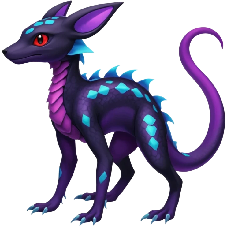 Gothic Black red purple Scaley Exotic Salandit-Umbreon-Suicune-Fakémon-hybrid-creature (full body), 4 legs emoji