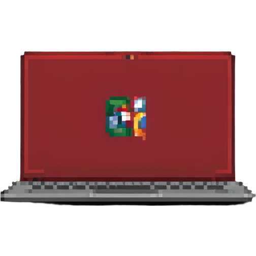 a red laptop having a logo that says cmv on the back of it emoji