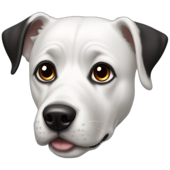 60 pound white and black dog with patch on right eye and one ear in attention emoji