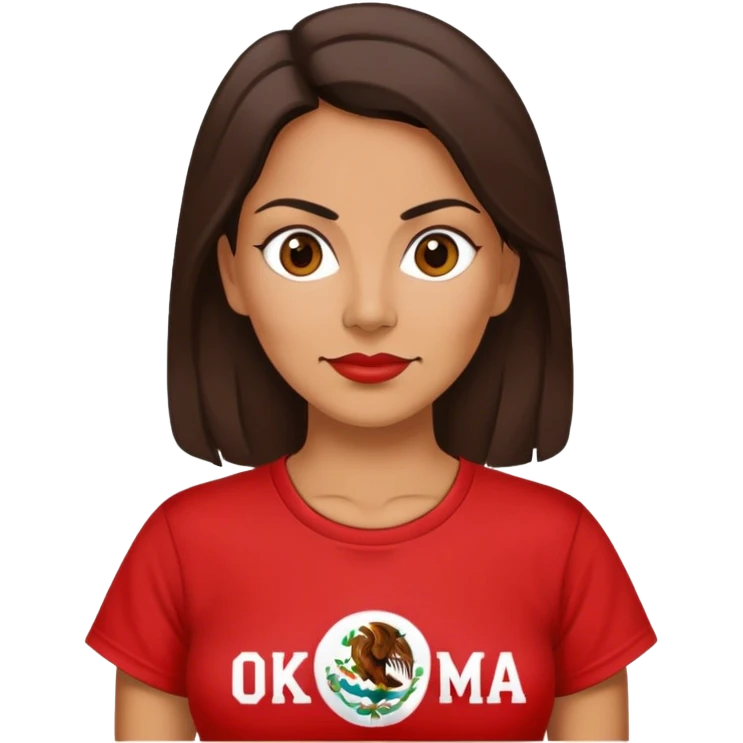 Brunette 40 year old Mexican woman in a red “OKLAHOMA” t-shirt emoji