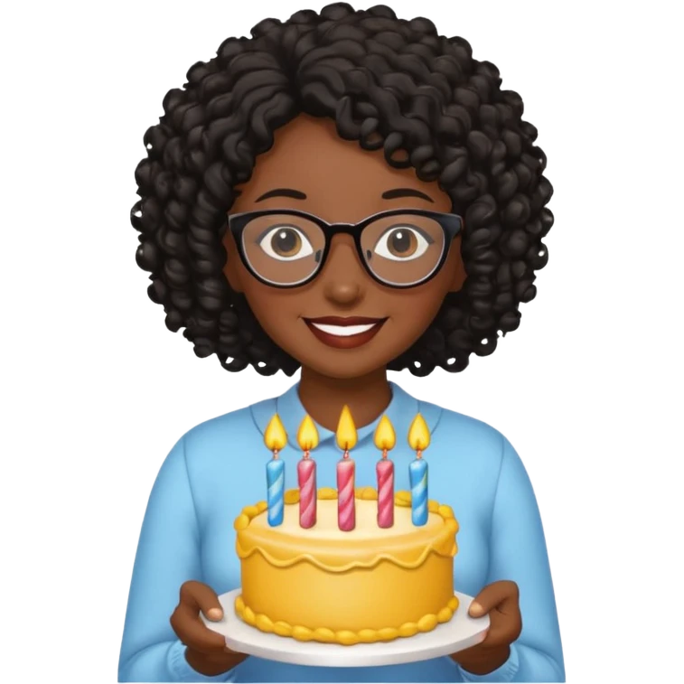 A Black woman with curly black hair and glasses holding a birthday cake emoji