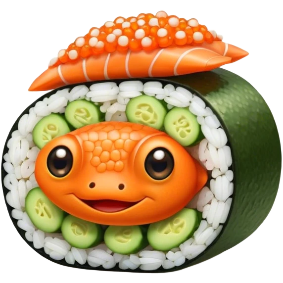 Cute Kawaii California Roll, tiny and round, cute layers of avocado, crab, and cucumber, wrapped in bright orange fish roe, a joyful winking face, tiny sesame seed freckles! emoji