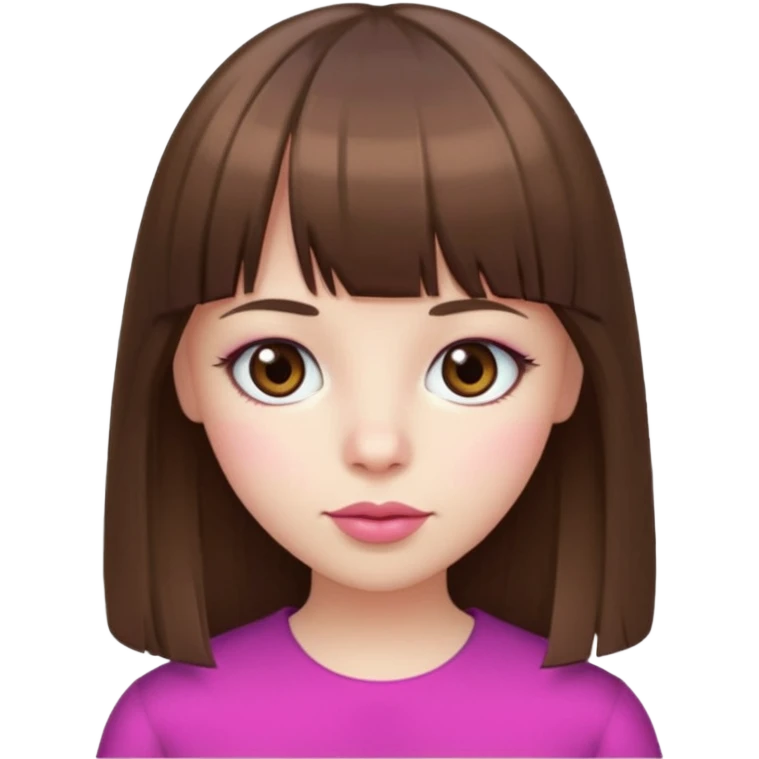 brown straight hair, bangs, big brown eyes, small nose, pale white skin, pink lips emoji