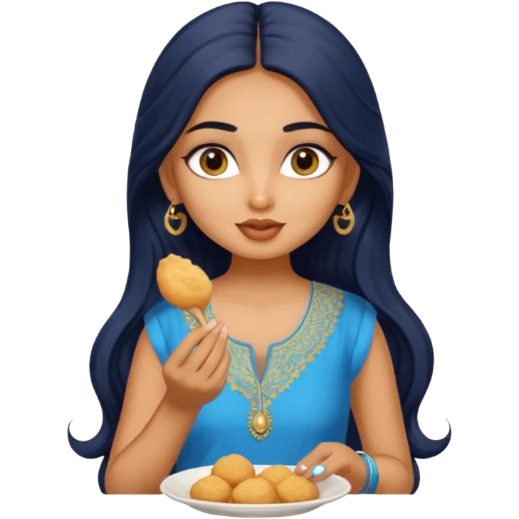 a pretty tan indian bratz girl. eyeliner on, wearing a blue kurti, eating golgappa. NO SPOON. wavy long black hair emoji