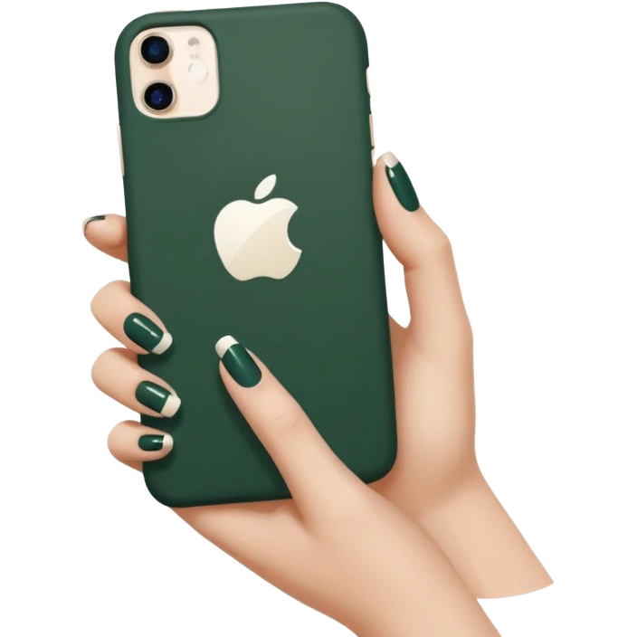 female hand with nude manicure holding a white iPhone in a dark green case, minimalism emoji