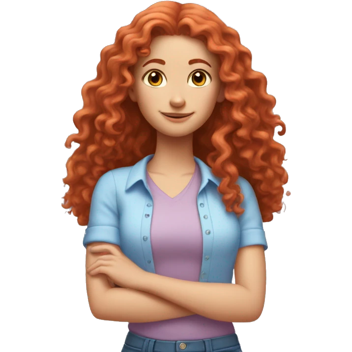 white girl with long red curly hair, wearing a pastel periwinkle shirt doing a pose emoji
