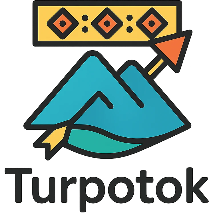 Colorful minimalist logo for Turpotok with a Kurai arrow, Ural Mountains, and Bashkir ornamentation. Text 'Turpotok' in a modern sans-serif font emoji