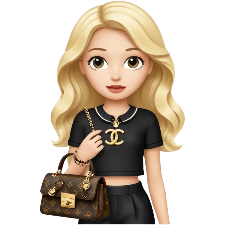long wavy blonde girl inspired by Chloe from Bratz, wearing a Chanel logo two-piece black and white outfit, holding a Louis Vuitton purse, emoji style emoji