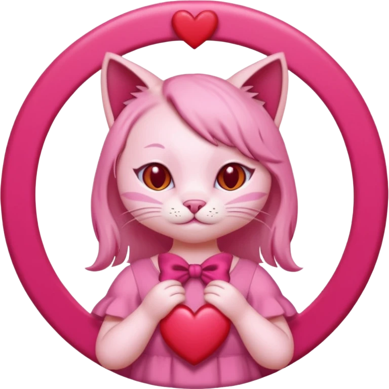 a pink cat who is doing this 🫰 and she has like red hearts around her head like a angel circle. the cat is going to have on a dark pink dress with a bow. emoji