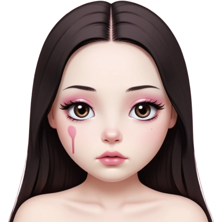 girl with white skin, dark brown long realistic straight hair with middle part prominently falling in front of her body over her shoulders, very big pouty extra shiny lips with absolutely no cupid's bow, big round shiny eyes with black eyeballs and huge eyelashes, no eyeshadow, pink blush on cheeks, lighter button nose, extremely long oval-shaped face, wearing a pink off-shoulder top, looking directly at camera with hands down at sides emoji