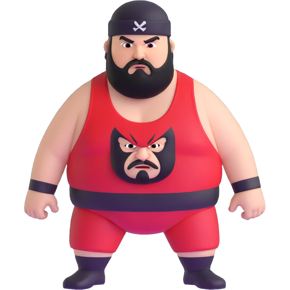 White skin fat guy with prominent black durag, black beard, black eyes in a red and black wrestling singlet with angry face emoji