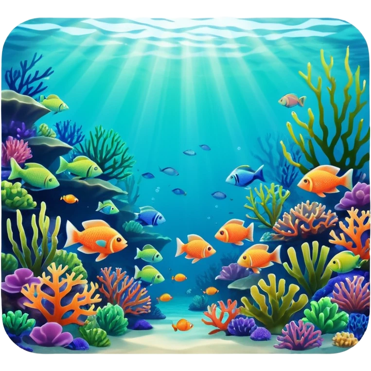 underwater seascape image capturing the beauty of the ocean depths. Include coral reefs, exotic fish, gree aquatic plants, "colorful fish, filtering through the water to create dramatic lighting and a play of colors emoji