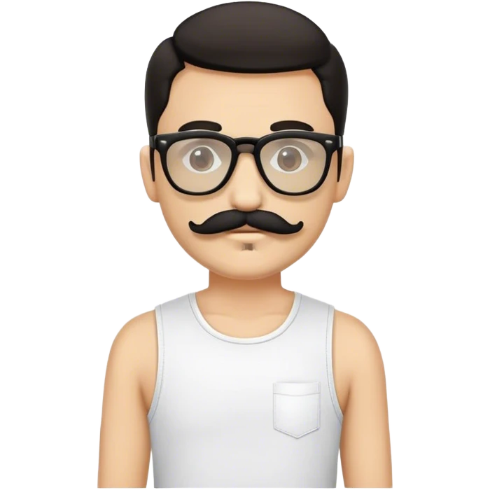 Emoji de un hombre con bigote, gafas de sol pequeñas, pañuelo negro con estampado blanco, camiseta sin mangas beige y bandolera negra. emoji