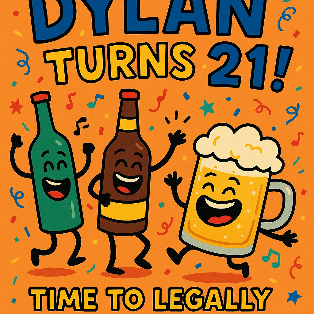 Digital birthday card for Dylan's 21st birthday with a wild party vibe, cartoon alcohol characters like dancing bottles and laughing beer mugs, headline 'Dylan Turns 21!', bright festive palette, and a humorous message about legal drinking. emoji