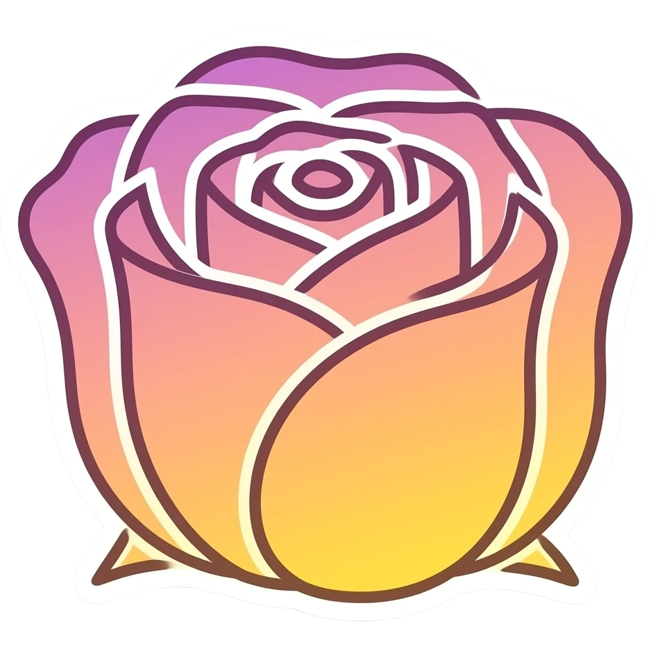 minimal line-art large rose-like flower sticker, elegant thin stroke, soft purple, to soft orange to bright yellow tones, clean vector design, no background, modern aesthetic. Must have no emoji faces and no emoji icons emoji