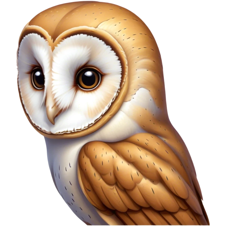 Cinematic Deep Thought Barn Owl Portrait Emoji, Head held high with a serene, contemplative gaze, showcasing its beautifully patterned plumage of white and brown, with eyes deeply focused as if pondering ancient secrets, Simplified yet majestically refined features, highly detailed, glowing with a soft, introspective light, high shine, poised and pensive, stylized with an air of profound wisdom, capturing the essence of an owl immersed in deep thought, so thoughtful it feels like it could silently whisper timeless wisdom from beyond the screen! emoji
