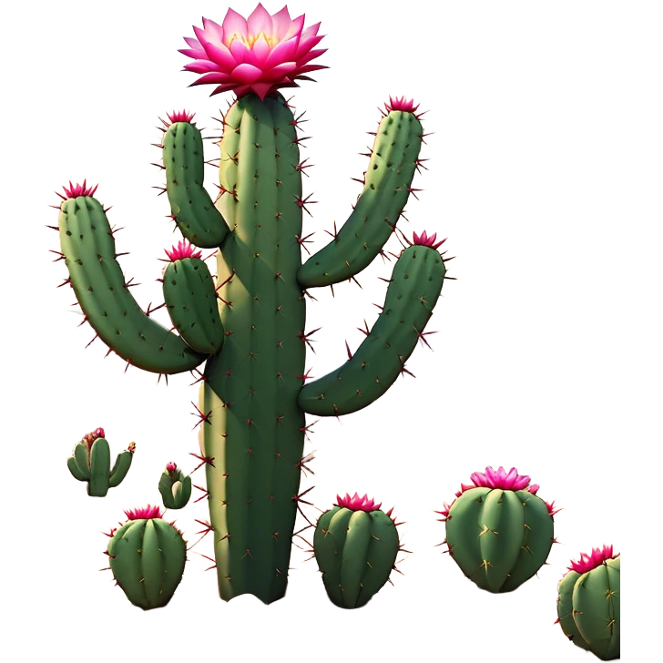 Cinematic Realistic Cactus Emoji, Tall and spiny, with thick, rounded stems covered in sharp spines. Bright flowers bloom at the tips of some branches, adding a pop of color against the desert backdrop. Soft glowing outline, capturing the essence of strength, survival, and desert beauty in a striking cactus! emoji
