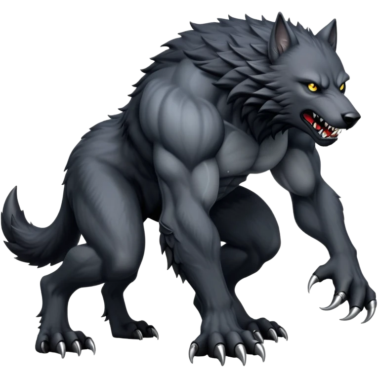 cinematic-noble-fierce-werewolf-on all fours-emoji, poised-and-imposing, with a tall, lean, and muscular wolfish frame inspired by the brutal, imposing shape of the beast from Berserk, fur rippling in shades of midnight black and silver, massive paws with razor-sharp claws, elongated limbs and fangs, eyes glowing with an intense, primal ferocity, reflecting the untamed power of the wild moonlit night; rendered with realism emoji