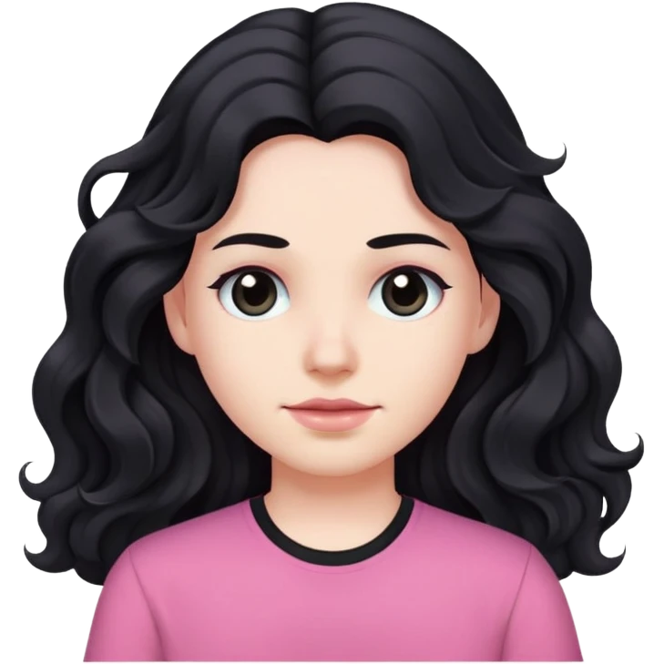 White skin, long black wavy hair, black eyes, wearing a pink shirt emoji