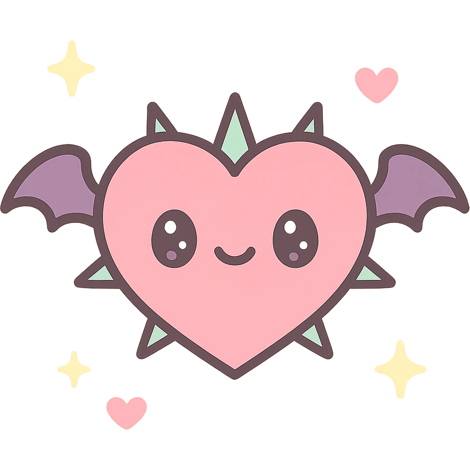 black gothic heart with metallic spikes and very tiny gothic bat wings, ornate, dark, elegant, kawaii style emoji