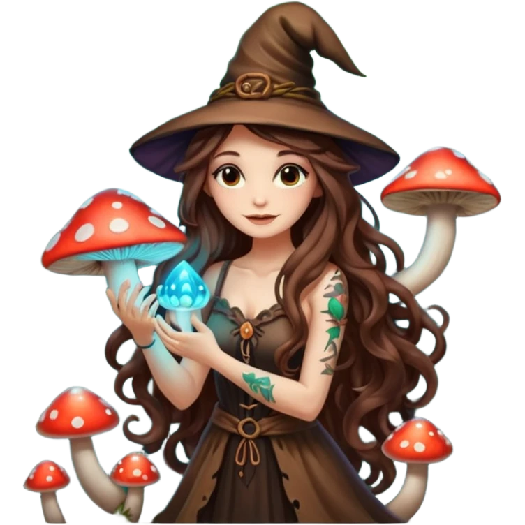 cute forest witch woman long wavy brown hair tattoos hugging glowing mushroom emoji