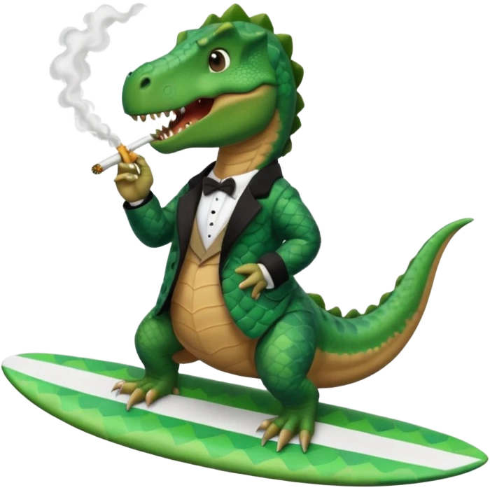dinosual smokig a ciggerett while surfing wearing designer coat emoji
