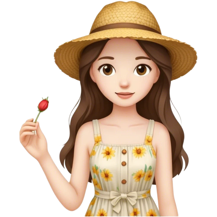 beautiful pale brunette girl with long hair in a summer dress and straw hat emoji