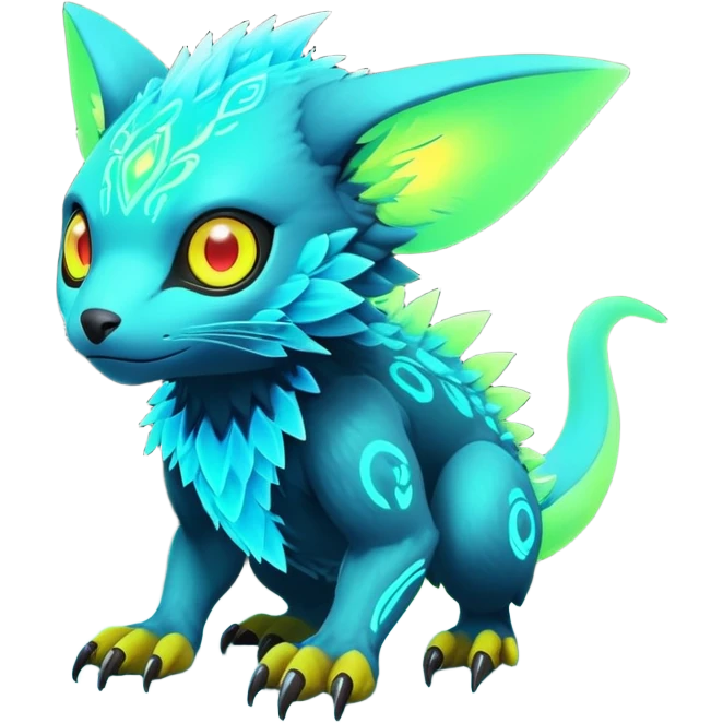 Tropical futuristic lush warm-colored neon-colored Fakémon-Digimon-Trico-creature emoji