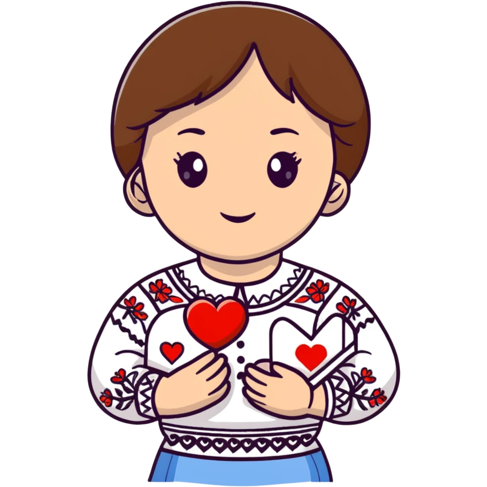Beautiful young girl with brown hair in a white Ukrainian embroidered shirt holding a large embroidered heart emoji