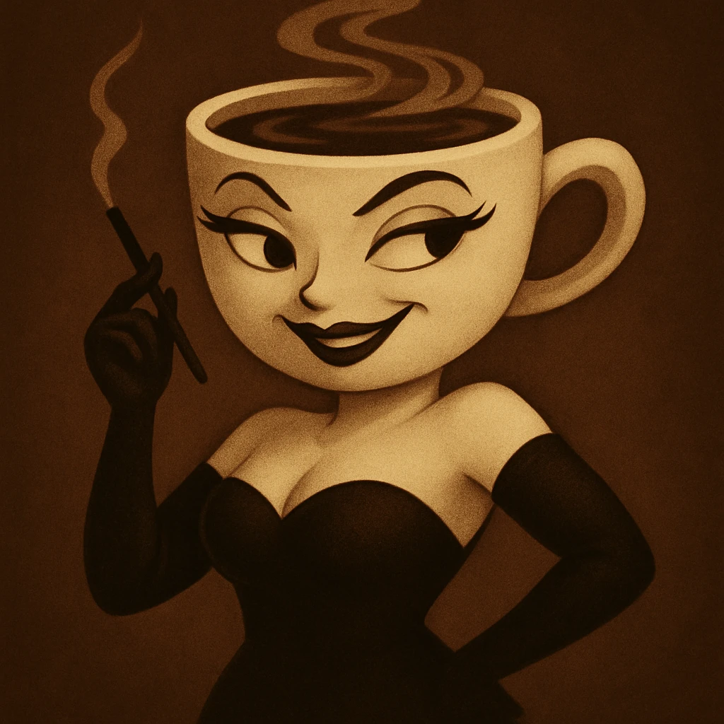 Change the coffee cup woman's expression to mischievous, with a sideways glance and a sly smile. Keep the original style and character, only modify the eyes and mouth, preserving the original style and look. emoji