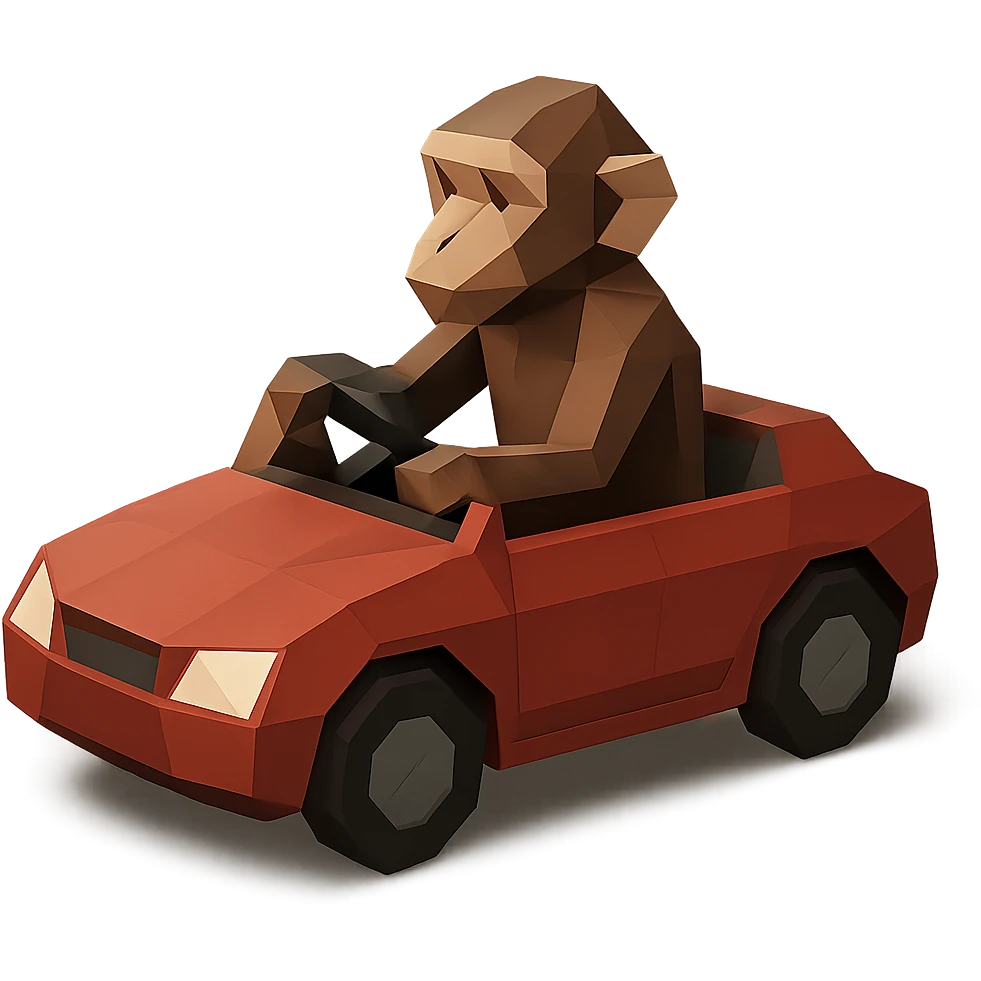 polygonal low-poly style monkey with a car emoji