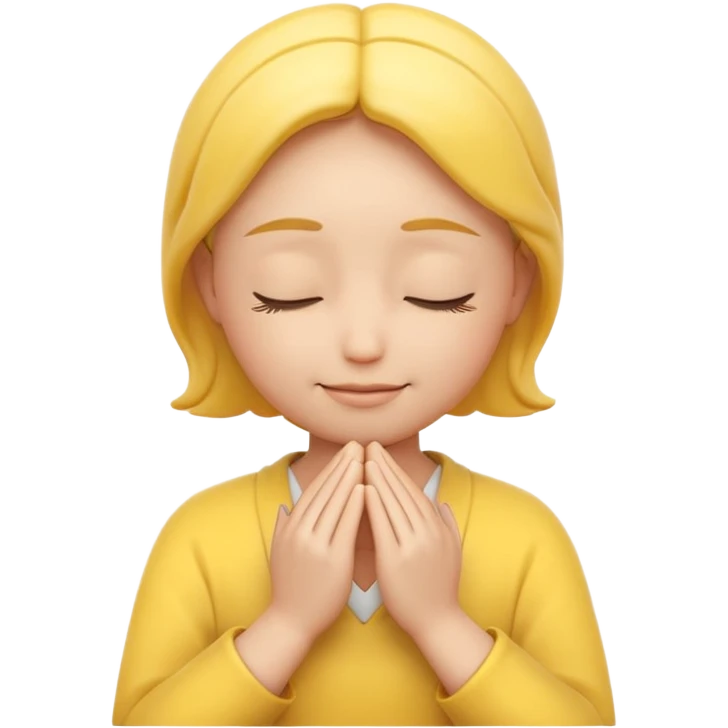 A 3D Apple-style yellow round emoji, calm and patient expression, closed eyes with a gentle smile, hands together in front as if waiting or praying, soft relaxed eyebrows, subtle glow around the head to symbolize patience, clean minimal background emoji