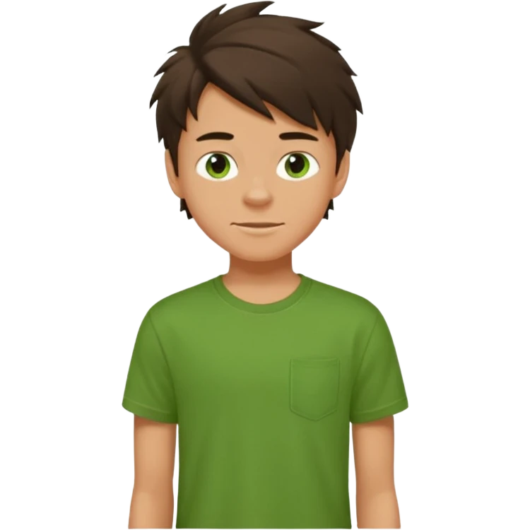 A 14 yerar old teenage boy, slightly tanned, wearing a green t-shirt , blue jeans and green sneakers with dark brown tousled hair, smirking emoji