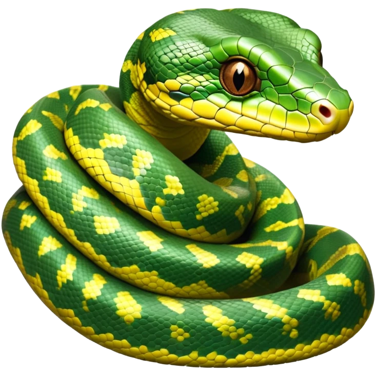 cinematic-green tree python-realistic-full-body-coiled-emoji,-thick-scaled-body-looped-tightly,-intricate-brown-and-gold-patterned-scales-reflecting-light,-head-tilted-dramatically,-slitted-eyes-staring-calmly,-simplified-yet-realistic-focused-feature emoji