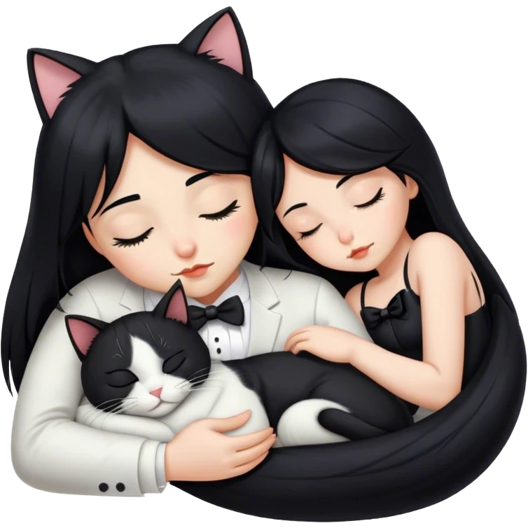 One beautiful long Black hair girl sleeping next to a tuxedo cat emoji