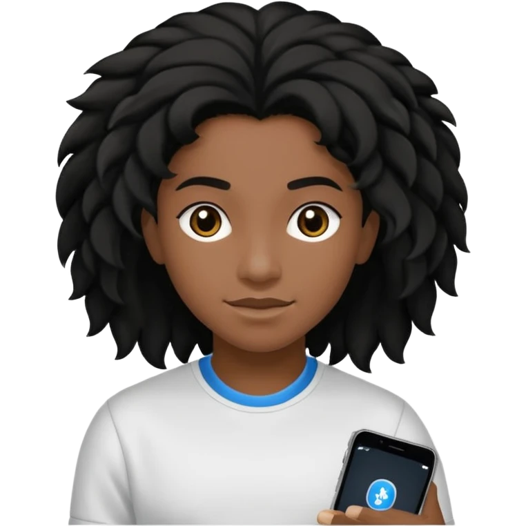 Faça um adolescente de cabelo cacheado   Preto médio sorrindo, com um aparelho dental e fones de ouvido Bluetooth com um moletom branco emoji