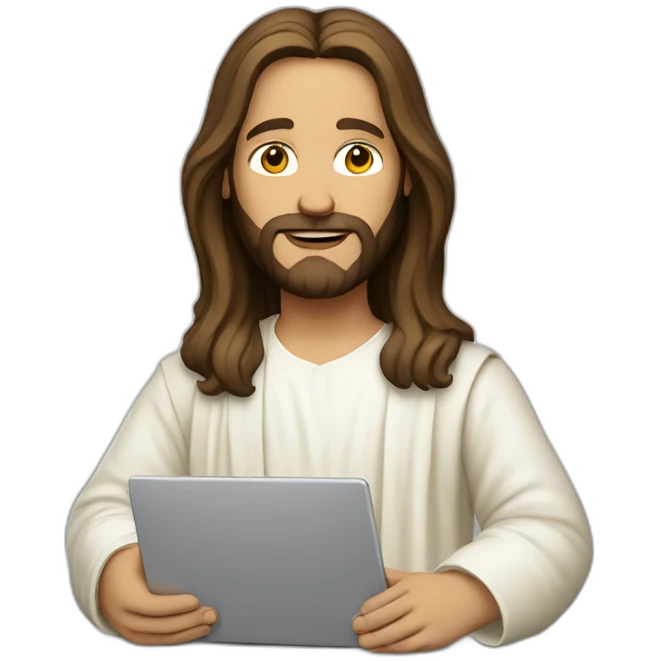 Jesus in modern clothes with a laptop emoji