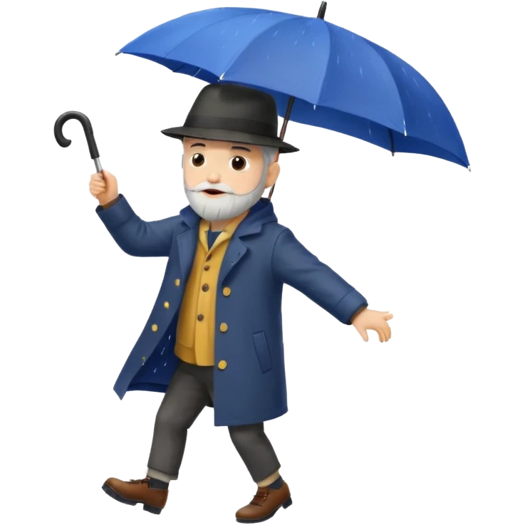 A dark-haired boy with a white beard dancing with an umbrella in the rain emoji