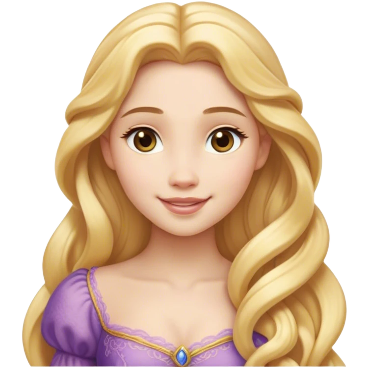 Cinematic Realistic Rapunzel Portrait, with porcelain-like skin featuring a subtle, natural glow, illuminated by soft lighting that brings out the gentle contours of her face. Her long, golden blonde hair cascades in detailed waves, each strand highlighted with a radiant shimmer as it catches the light. Her bright, expressive green eyes exude curiosity and warmth, framed by delicate lashes and soft, arched brows. Her expression is playful and vibrant, with a gentle smile. She is dressed in her classic lavender and pink gown, the fabric textured with delicate folds that flow naturally, catching the light with a soft, radiant glow. The portrait captures a luminous, enchanting aura, seamlessly blending realism with a whimsical, fairytale charm, evoking a timeless sense of beauty and magic. emoji