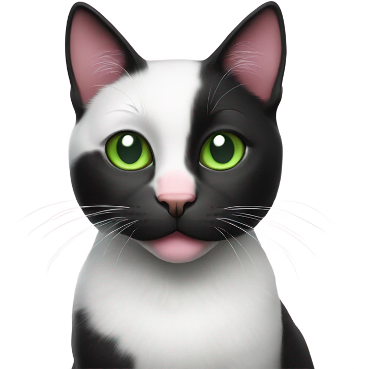 Black and white cat with green eyes and pink nose emoji
