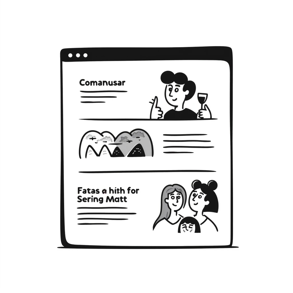 Hand-drawn website layout with navigation and content emoji