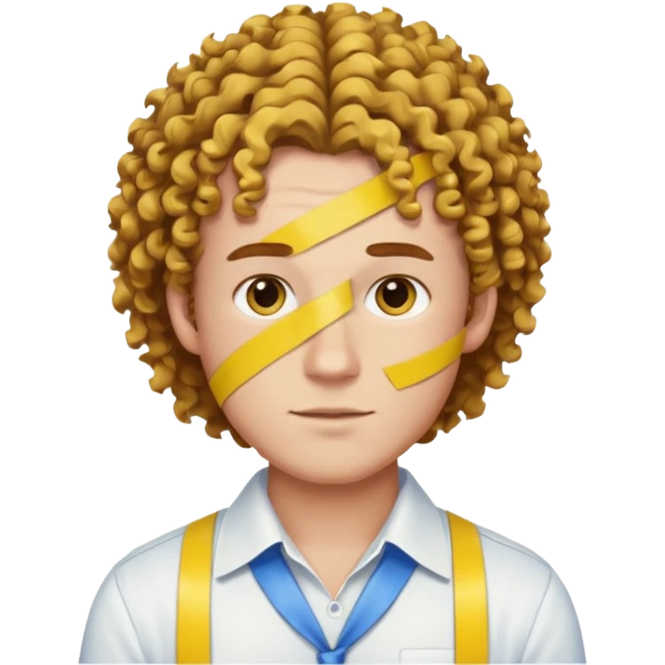 Make me an emoji that has a guy with a white shirt and yellow tape around the shirt with brown and blue spots hair make the hair curly emoji