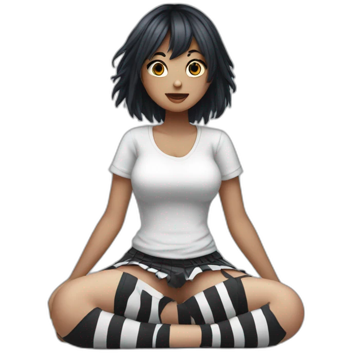 Frontal view curvy emo girl sits white skirt striped stockings hands up emoji