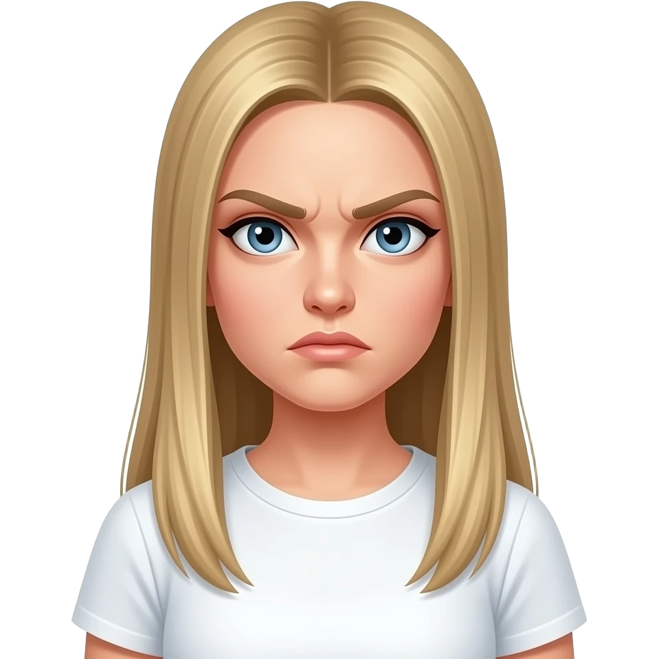 bella ragazza russa bionda capelli lisci lunghi e occhi chiari, con maglietta bianca e arrabbiata emoji