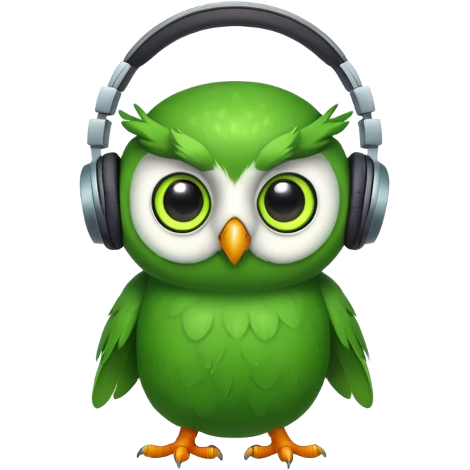 green pea wearing headphones in the style of the duolingo owl mascot with big eyes emoji