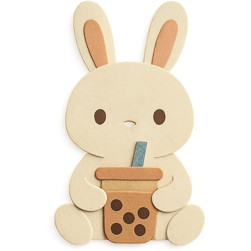 milk tea bunny sitting still with blank stare, paper-craft style emoji