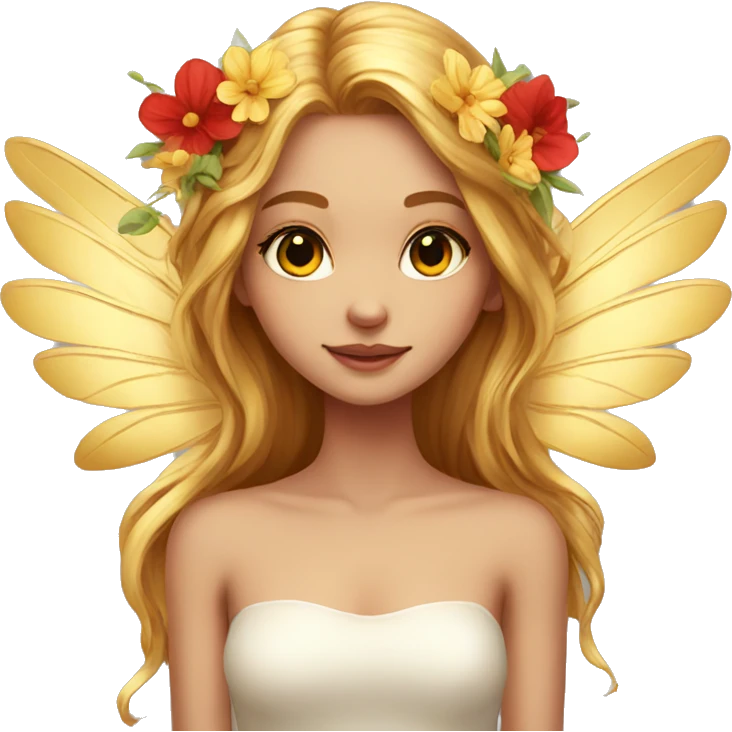 big wings, flower, Beautiful, fairy, gold,red, long hair emoji