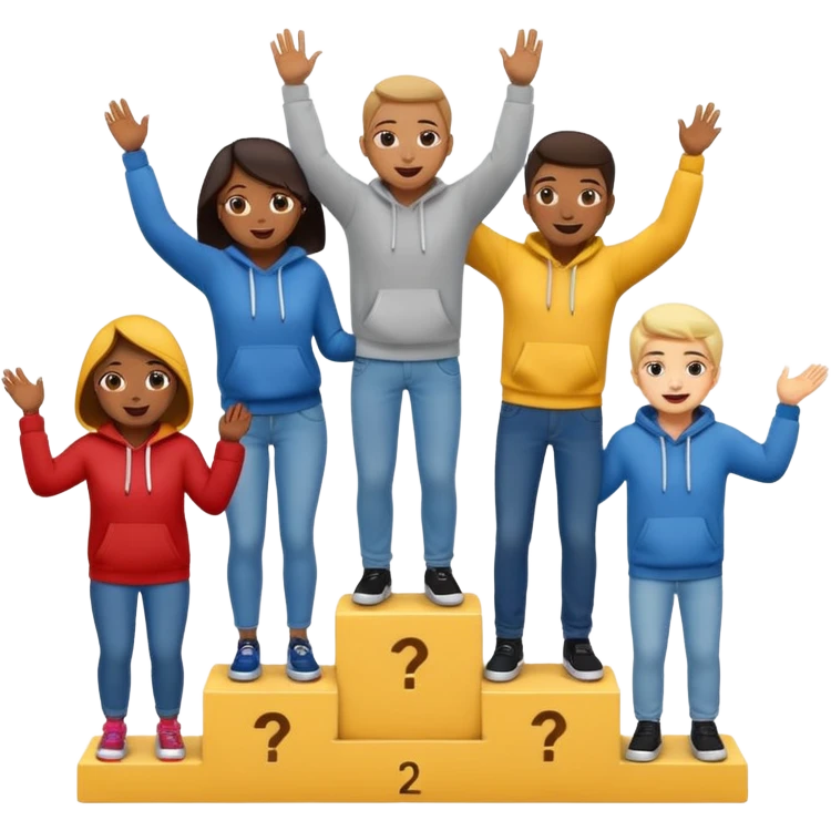 multi-racial people in jeans and hoodies on a winners’ podium, middle step higher, no numbers, very excited, fun, expressive emoji style emoji