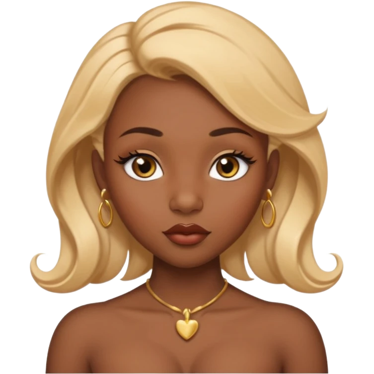 darkskin female with eyebrows that are naturally shaped and frame eyes well, eyes that are almond-shaped with defined lashes. nd lips are full with a defined cupid’s bow, add also a septum piercing that adds an edgy, stylish flair. a middle-part, honey blonde bust-down with laid baby hairs emoji